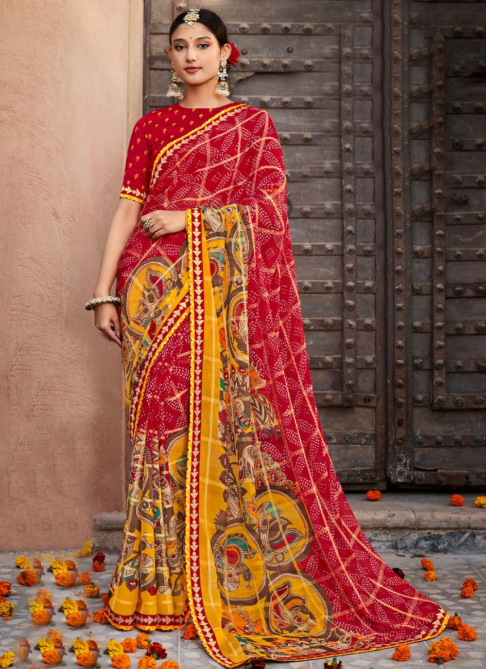 Classic Chiffon Red Embroidered Saree