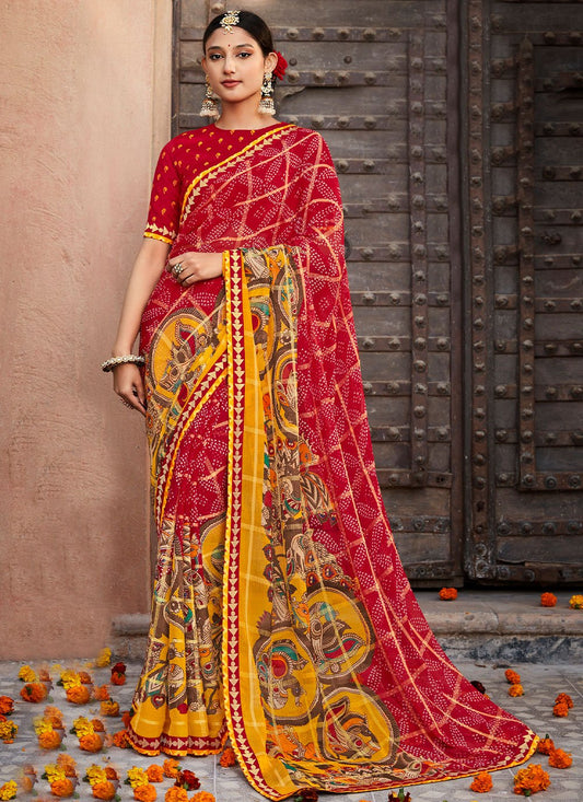 Classic Chiffon Red Embroidered Saree