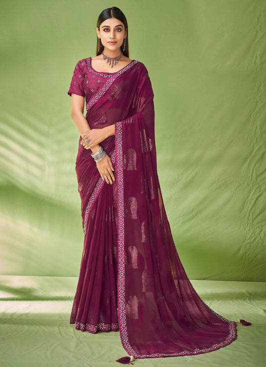 Trendy Saree Georgette Jacquard Crimson Foil Print Saree