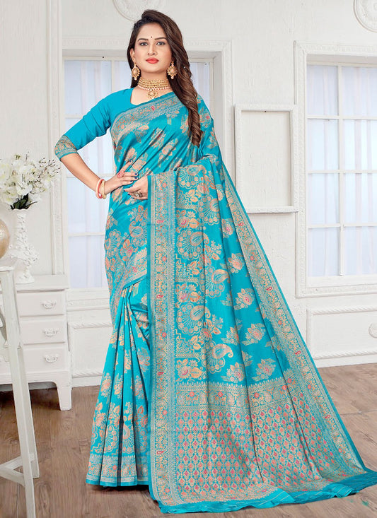 Classic Silk Aqua Blue Meenakari Saree