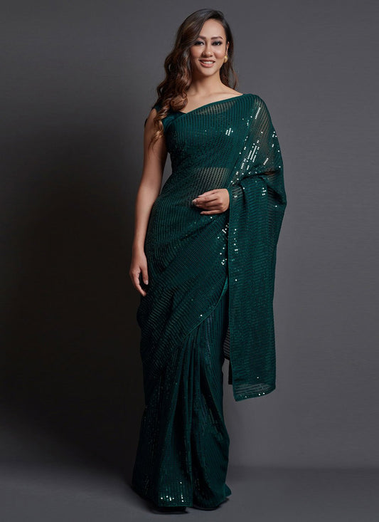 Classic Georgette Silk Green Embroidered Saree