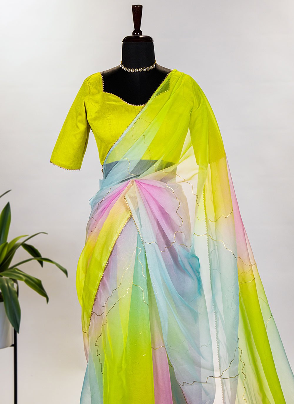 Classic Organza Multi Colour Floral Patch Saree