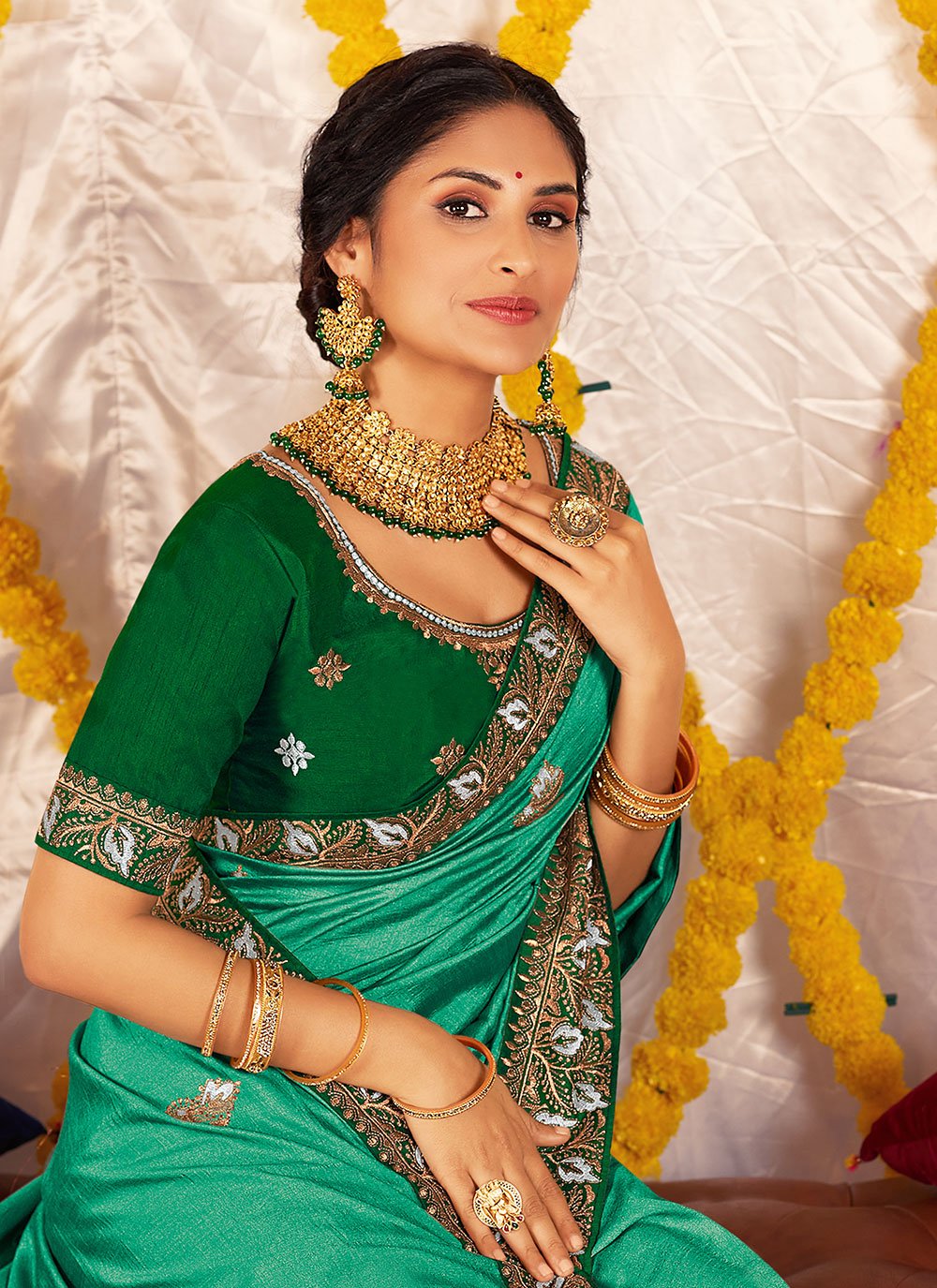 Classic Vichitra Silk Green Embroidered Saree