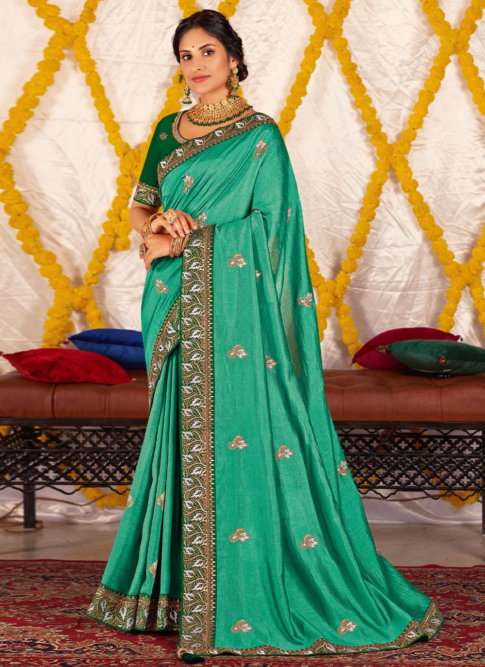 Classic Vichitra Silk Green Embroidered Saree