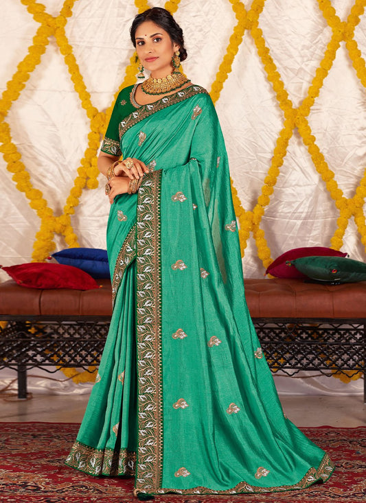 Classic Vichitra Silk Green Embroidered Saree