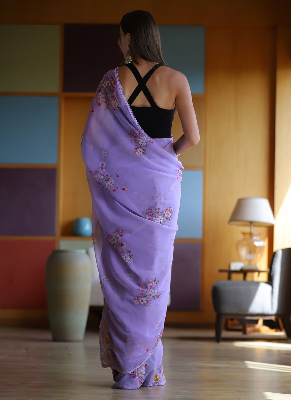 Classic Georgette Lavender Floral Patch Saree