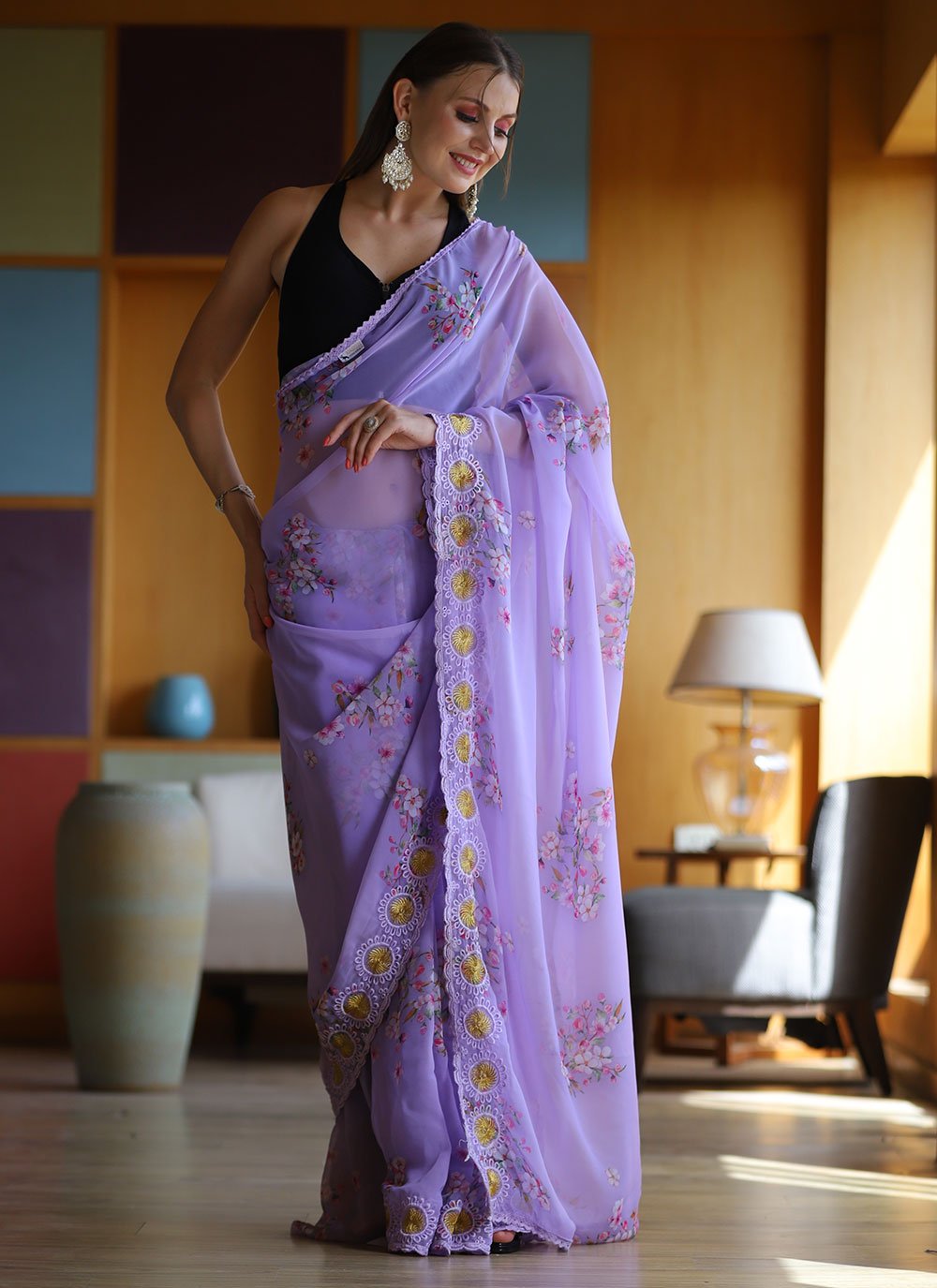 Classic Georgette Lavender Floral Patch Saree