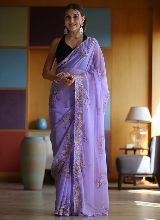 Classic Georgette Lavender Floral Patch Saree