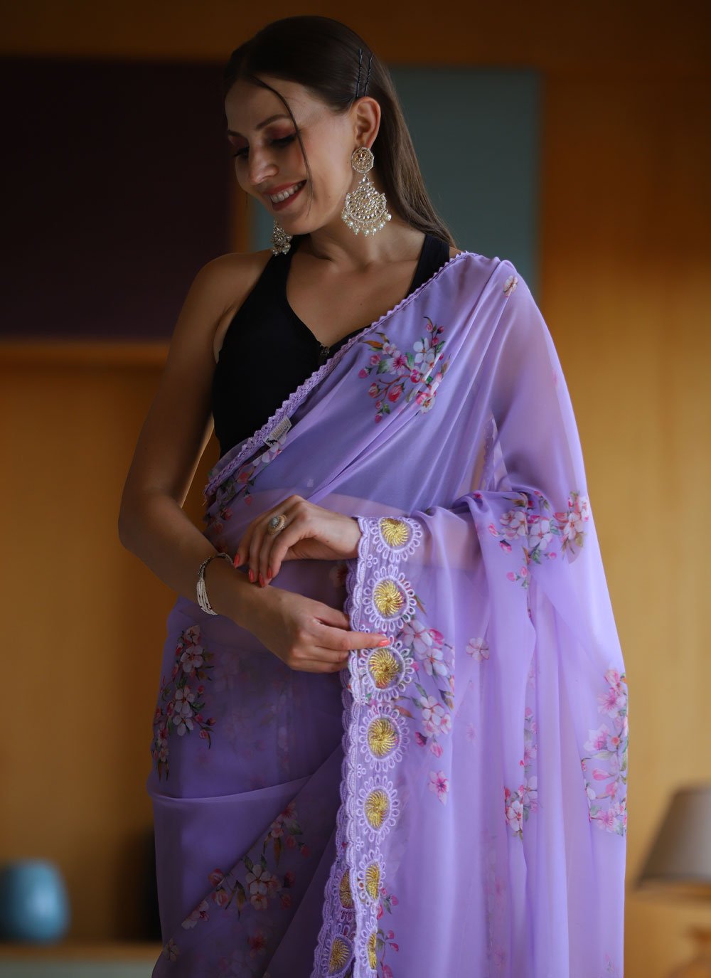 Classic Georgette Lavender Floral Patch Saree