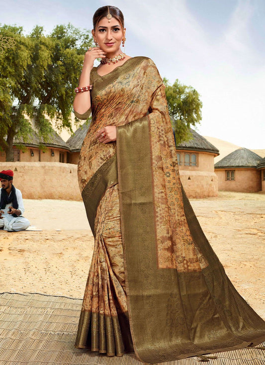 Classic Banarasi Silk Cotton Green Digital Print Saree