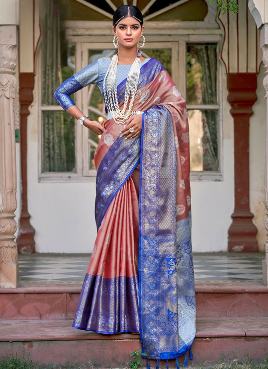 Classic Silk Tissue Blue Peach Weaving Saree