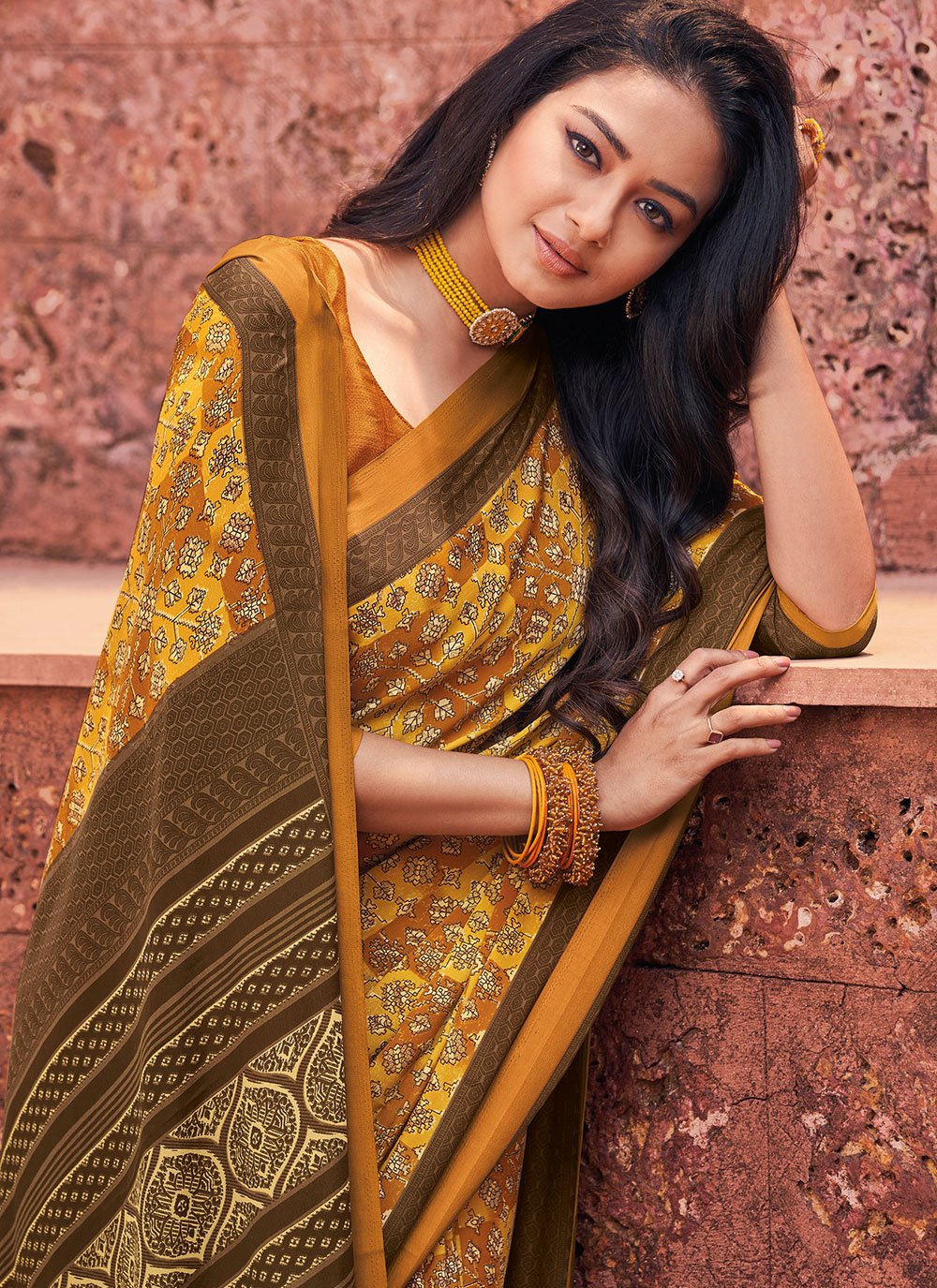 Classic Faux Crepe Mustard Print Saree