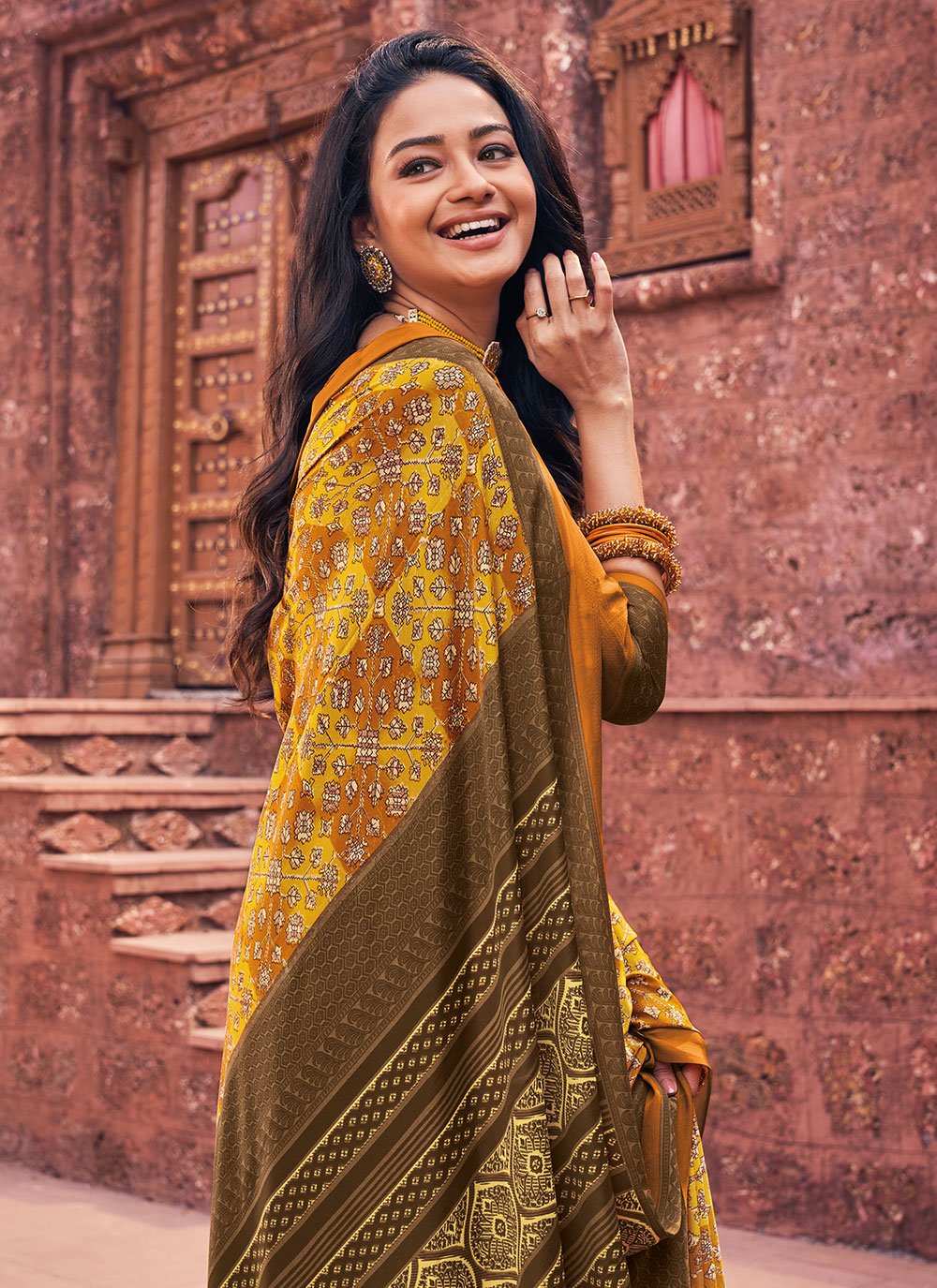 Classic Faux Crepe Mustard Print Saree