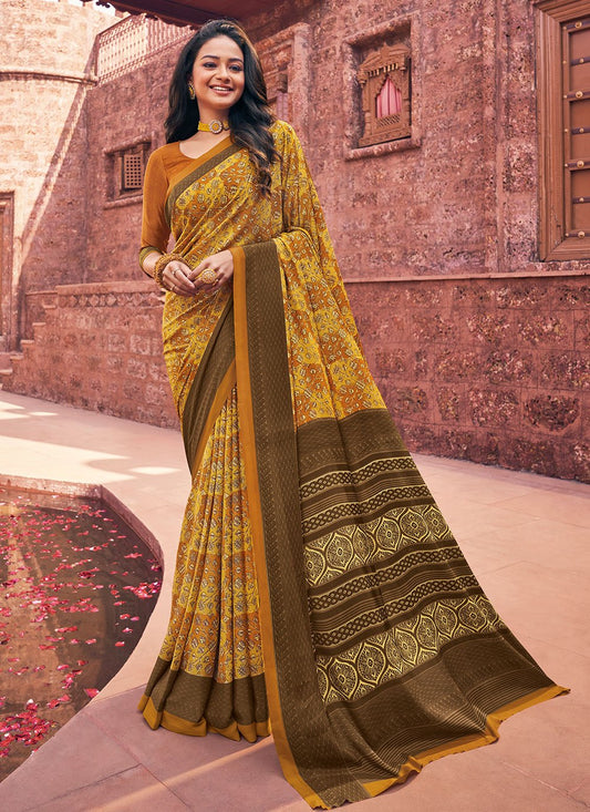 Classic Faux Crepe Mustard Print Saree