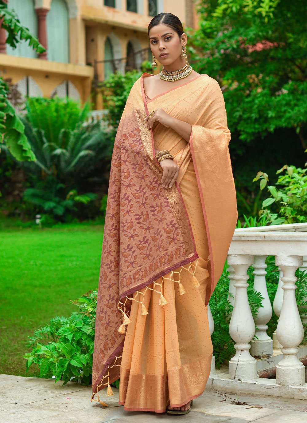 Classic Linen Orange Woven Saree