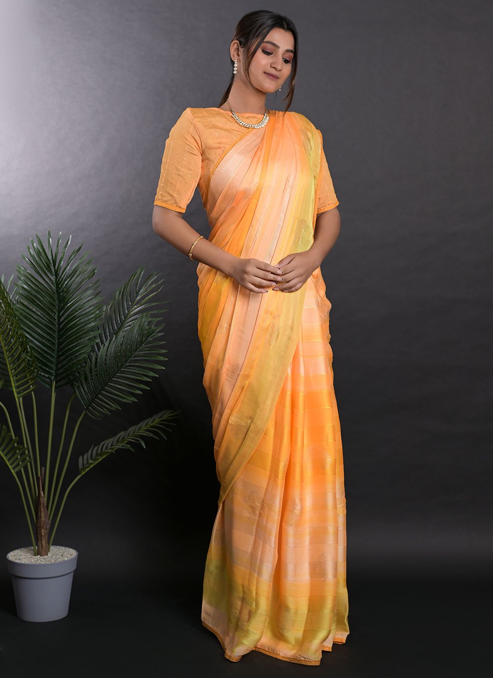 Classic Satin Orange Print Saree