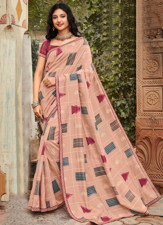 Classic Silk Peach Checks Saree