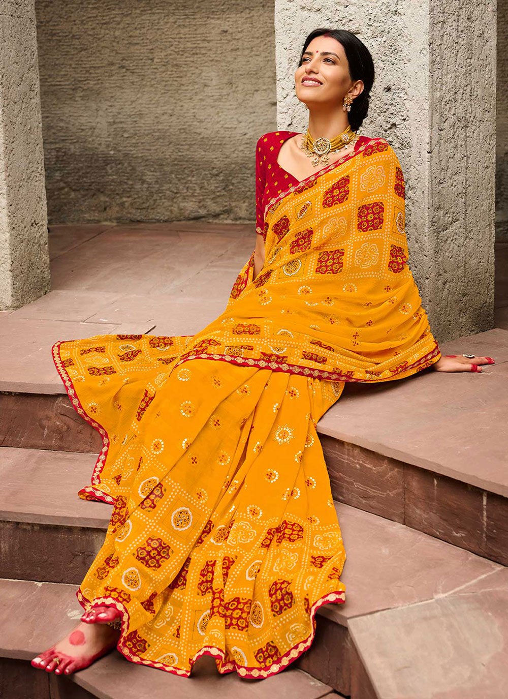 Classic Georgette Mustard Print Saree