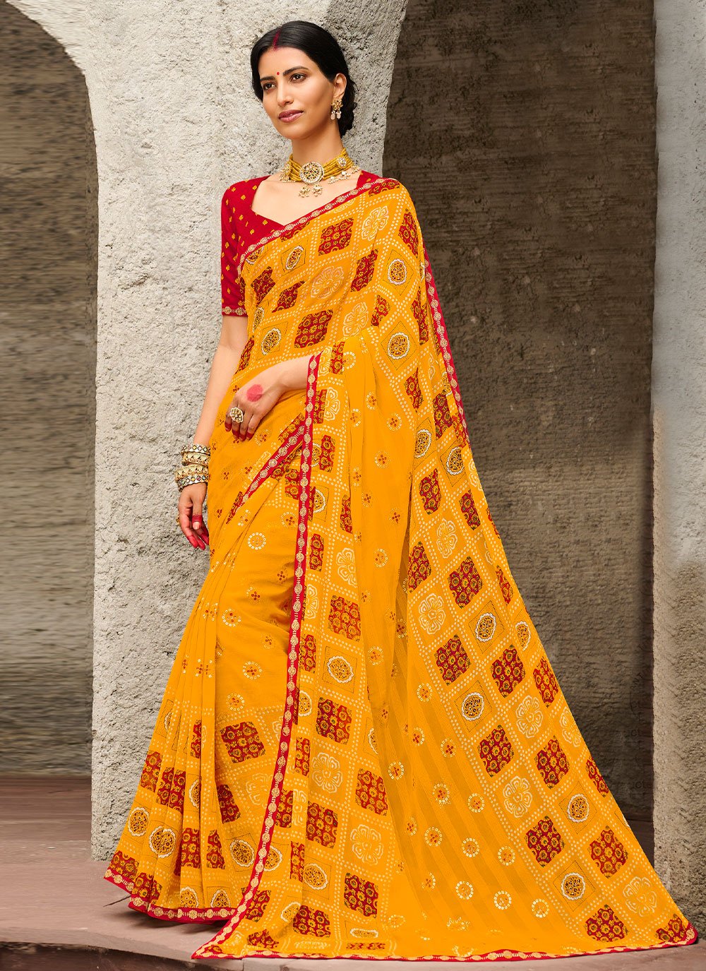 Classic Georgette Mustard Print Saree