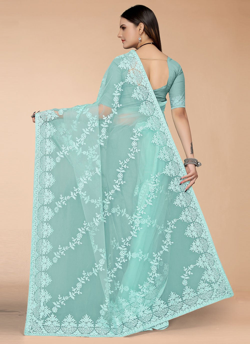 Classic Net Green Embroidered Saree