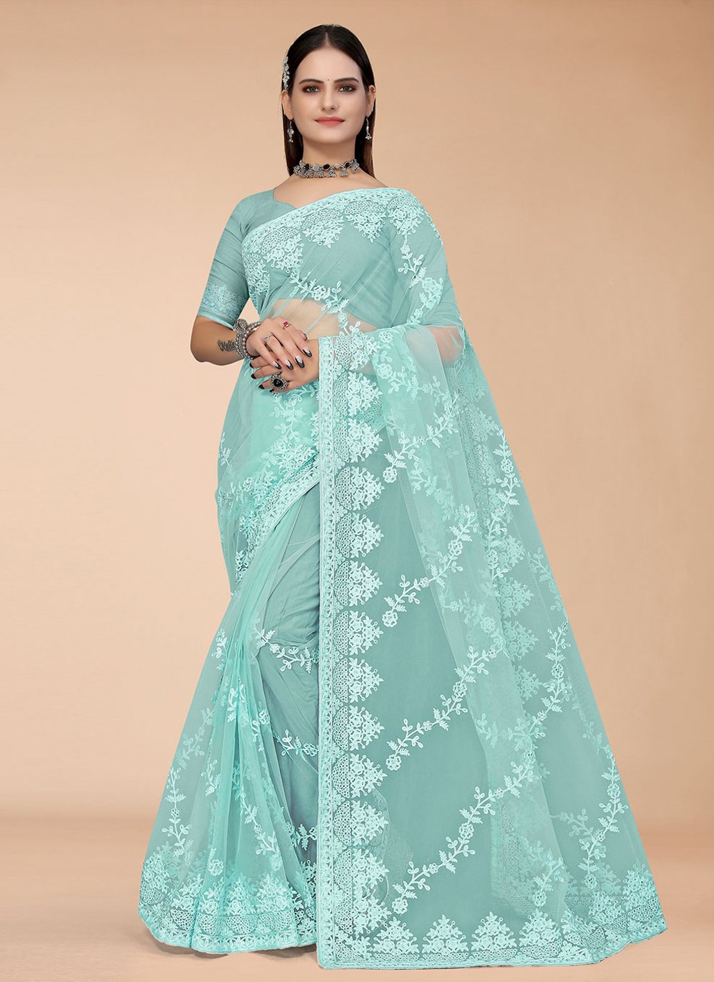Classic Net Green Embroidered Saree