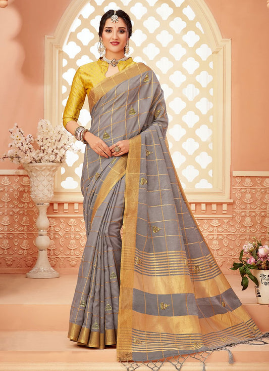 Classic Cotton Grey Khatli Work Saree