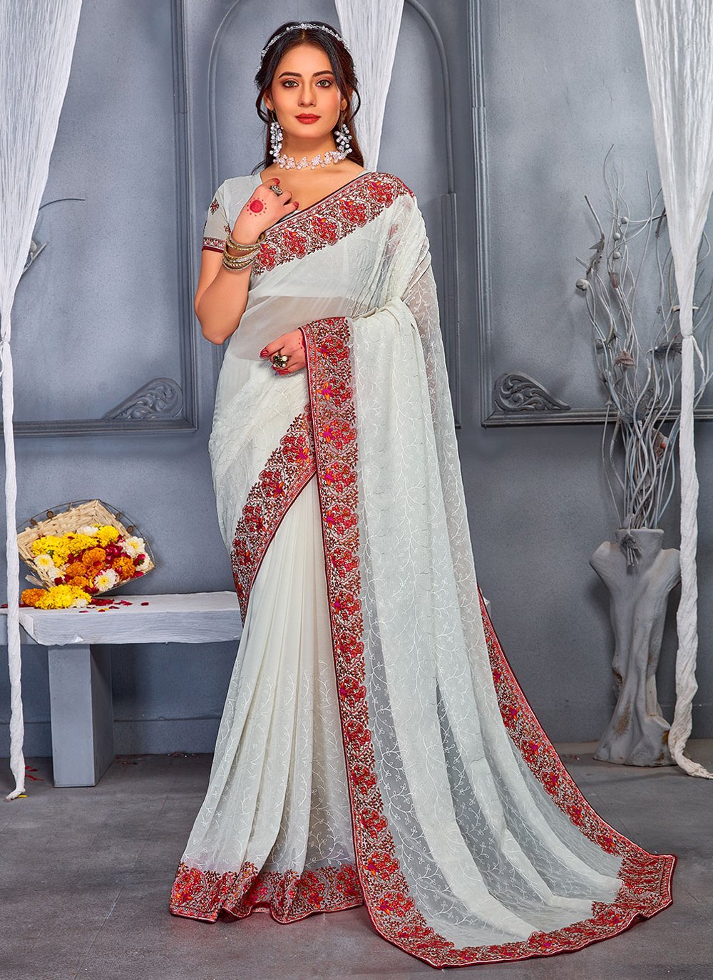 Classic Georgette Off White Embroidered Saree