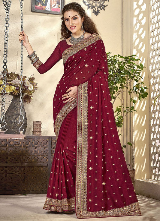 Classic Vichitra Silk Maroon Diamond Saree