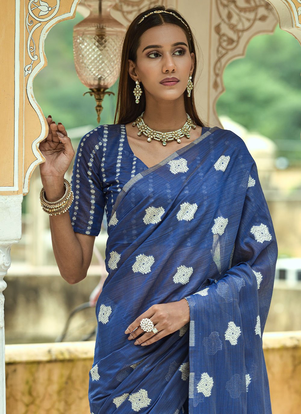 Classic Cotton Lucknowi Blue Weaving Saree