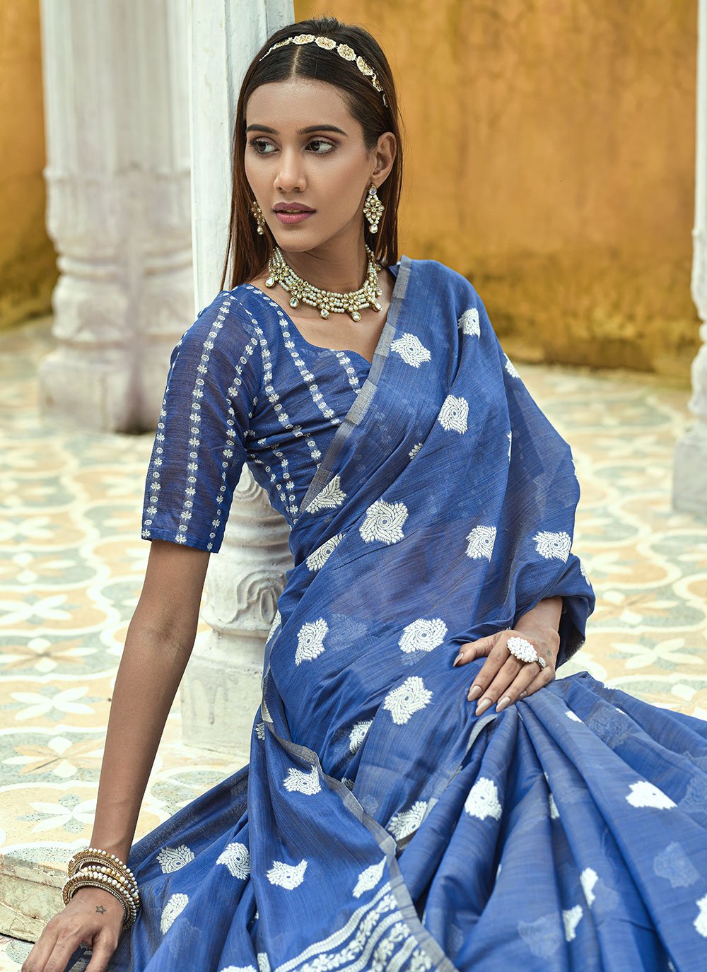 Classic Cotton Lucknowi Blue Weaving Saree