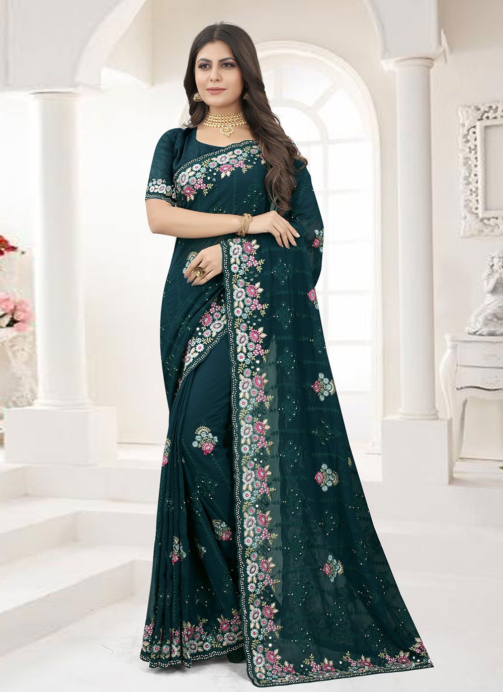 Classic Georgette Teal Embroidered Saree