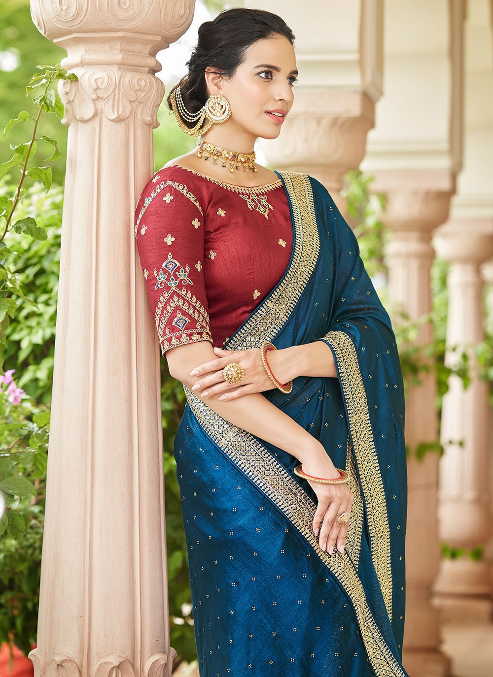 Classic Vichitra Silk Teal Dori Work Saree