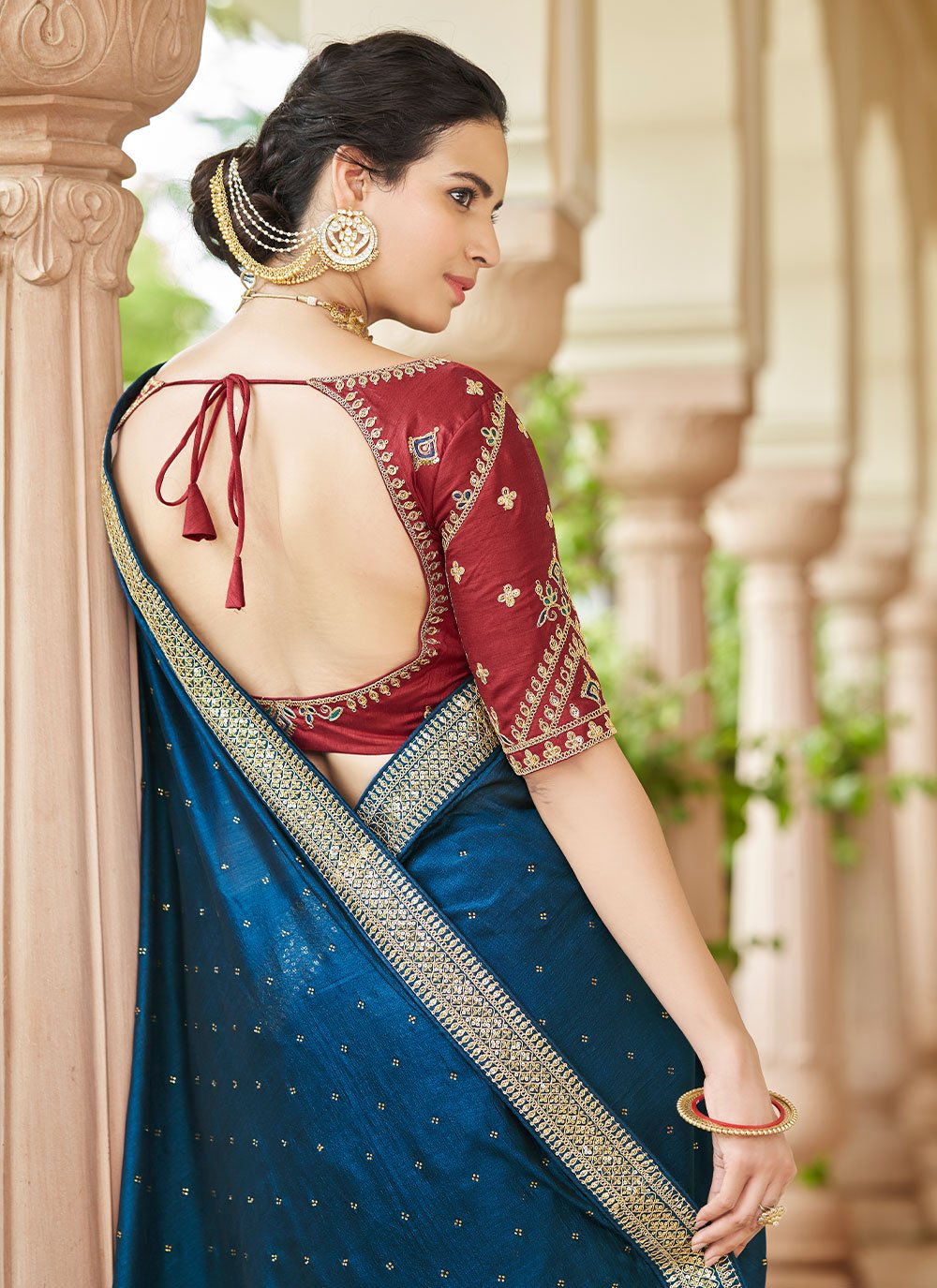 Classic Vichitra Silk Teal Dori Work Saree