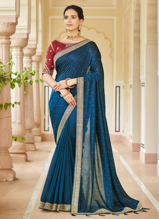 Classic Vichitra Silk Teal Dori Work Saree