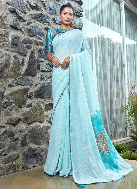 Classic Georgette Aqua Blue Swarovski Saree