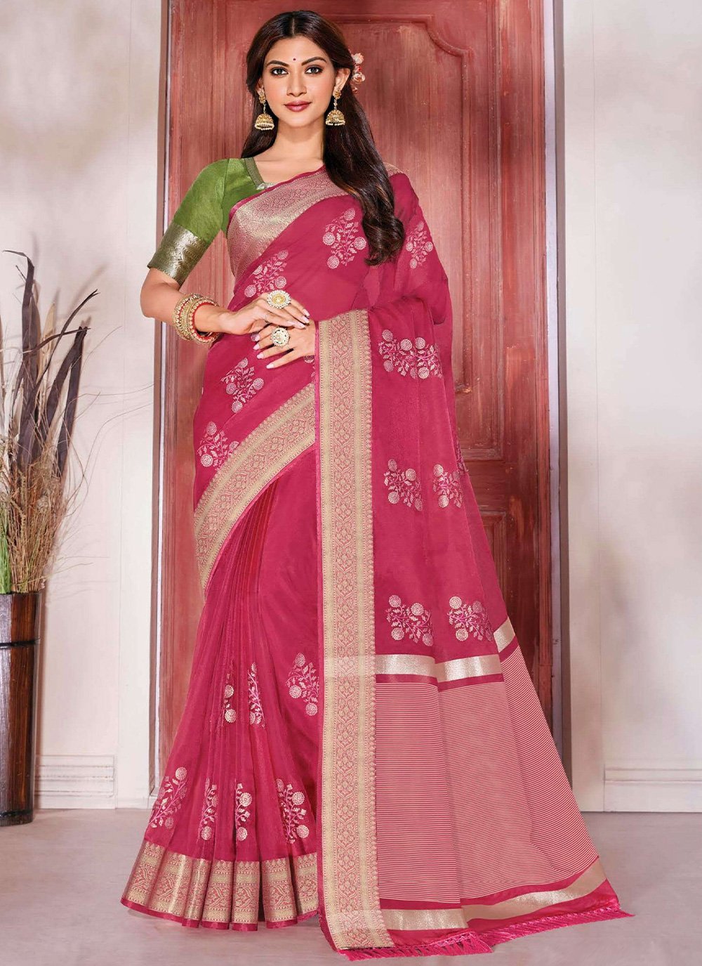 Classic Cotton Silk Hot Pink Woven Saree