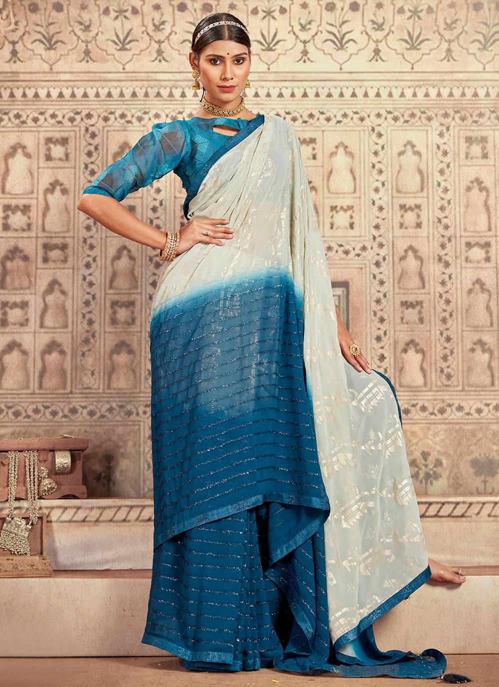 Classic Georgette Blue Embroidered Saree