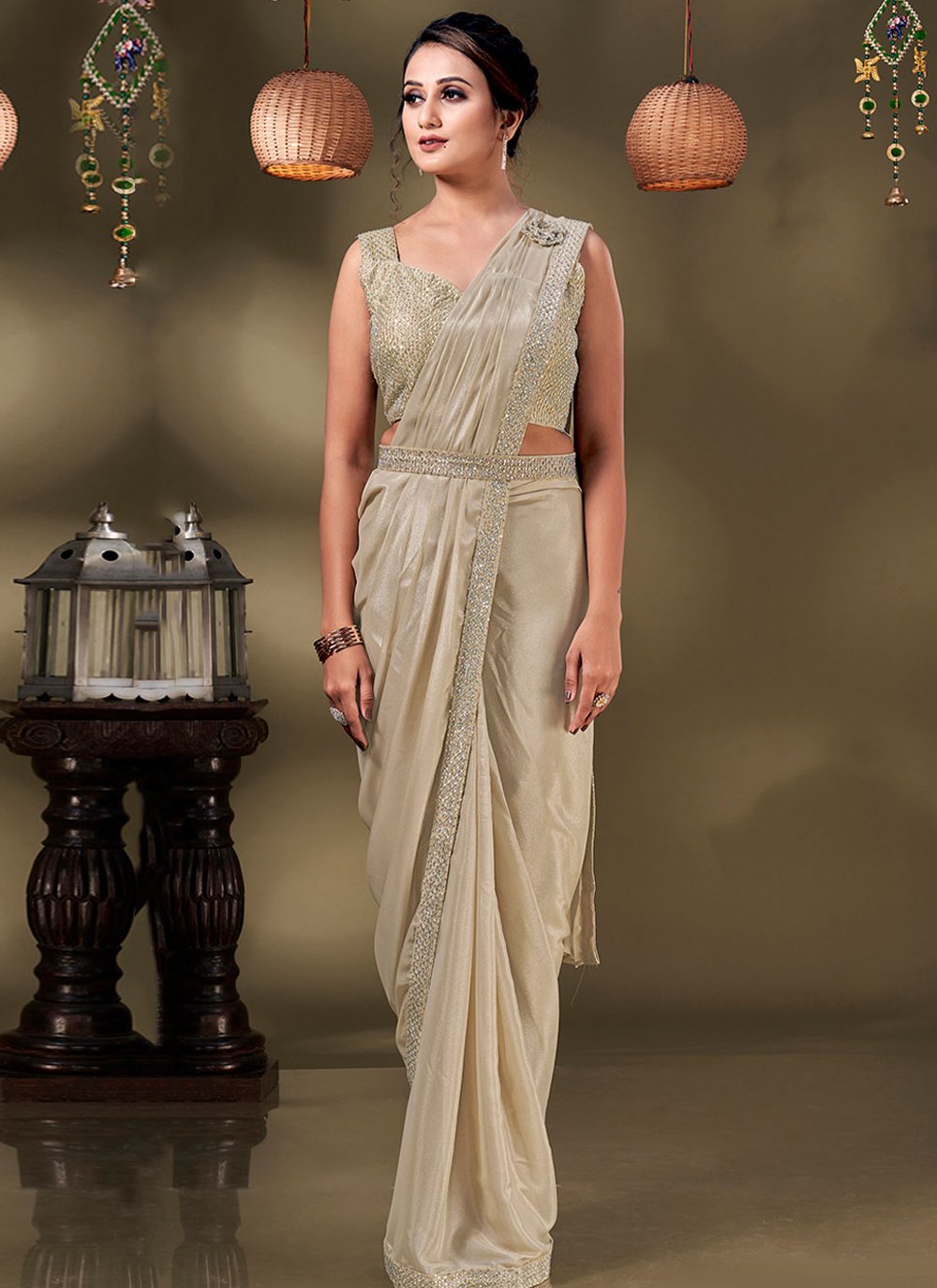 Classic Georgette Beige Patch Border Saree