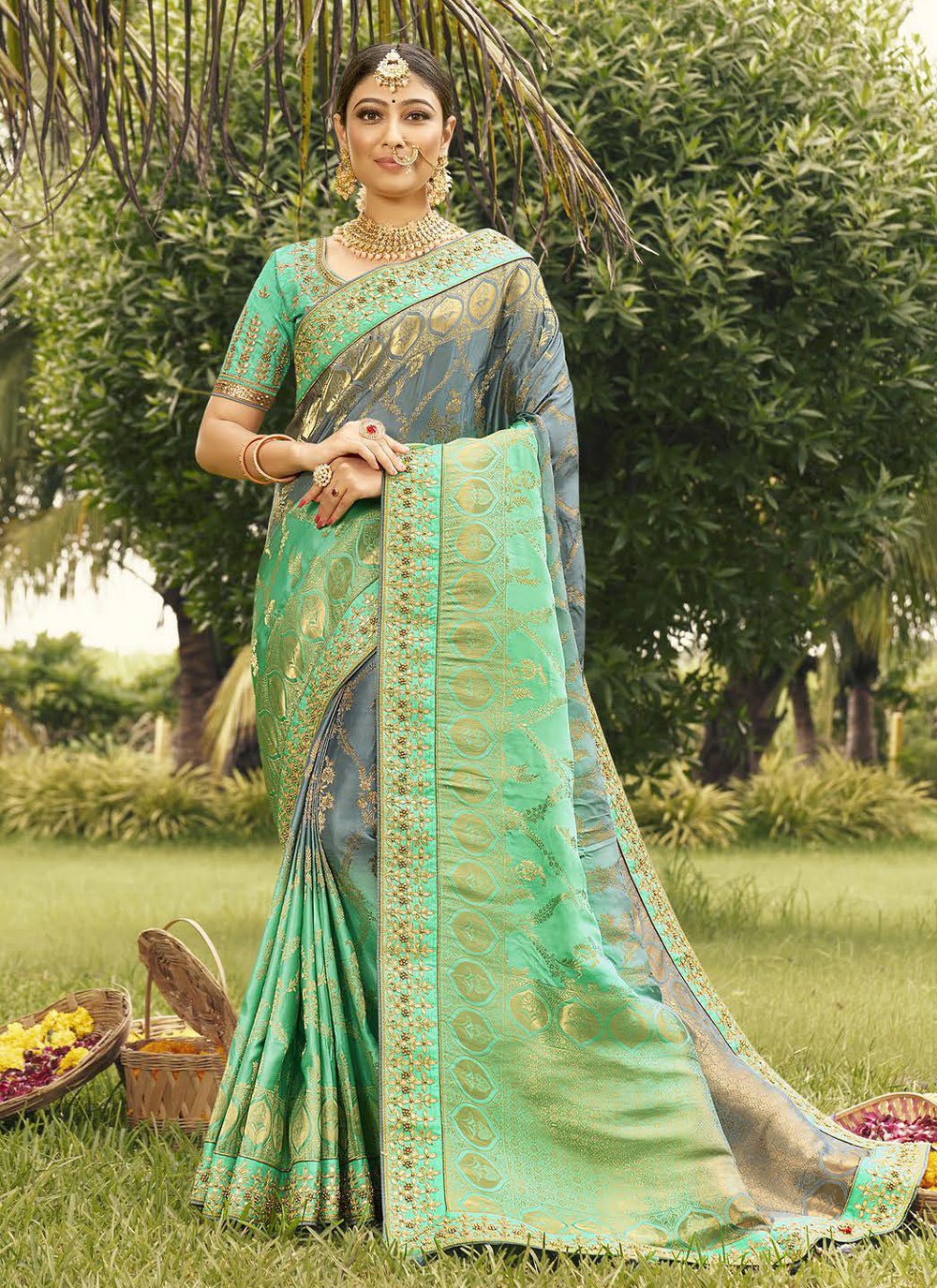 Classic Silk Green Grey Patch Border Saree