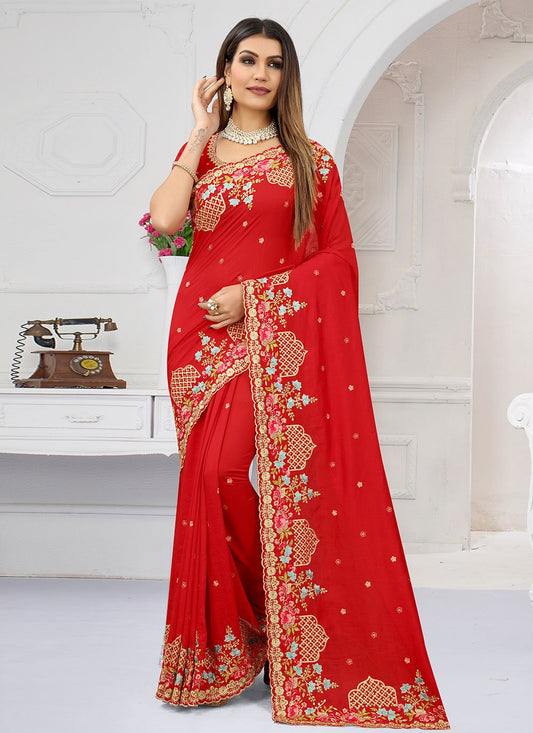 Classic Vichitra Silk Red Embroidered Saree