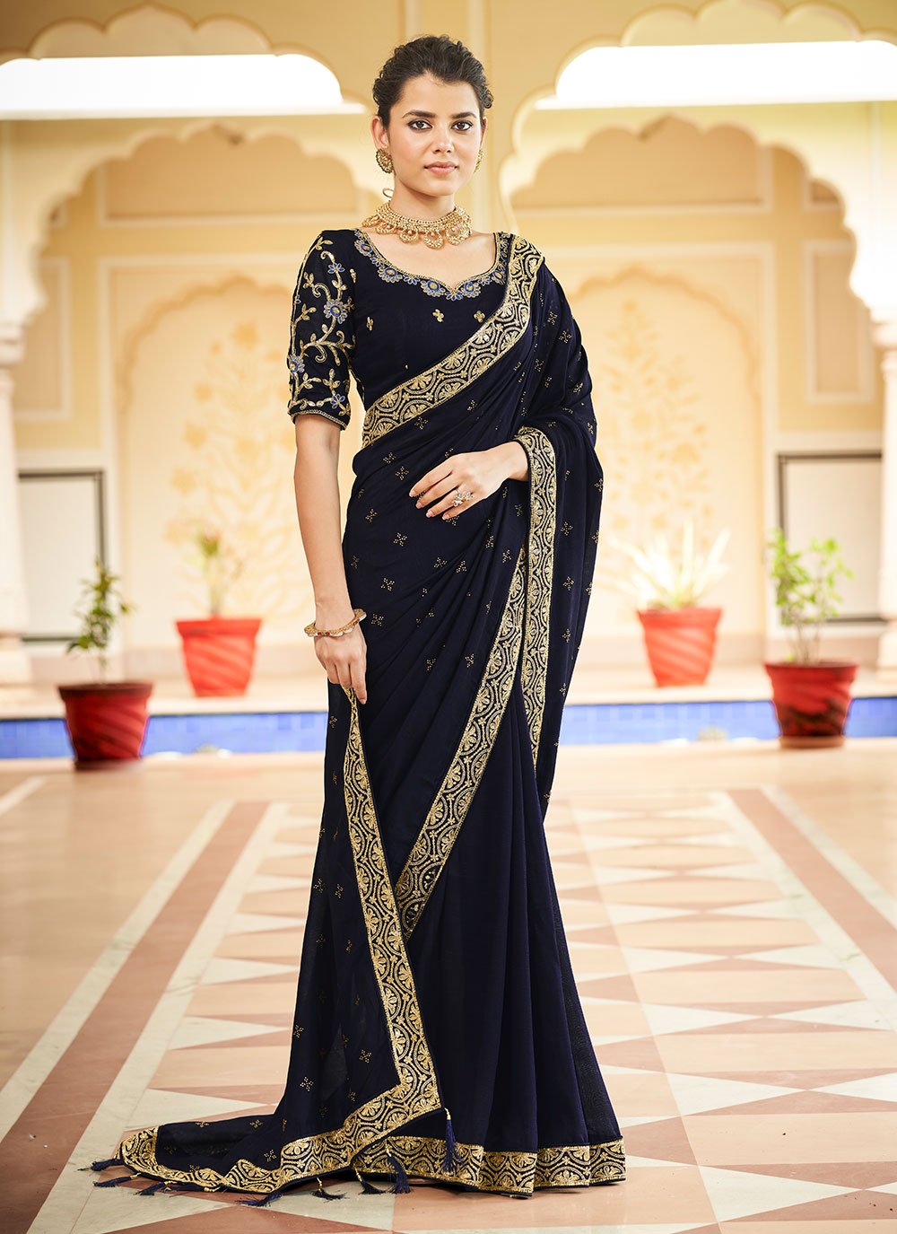 Classic Vichitra Silk Blue Dori Work Saree