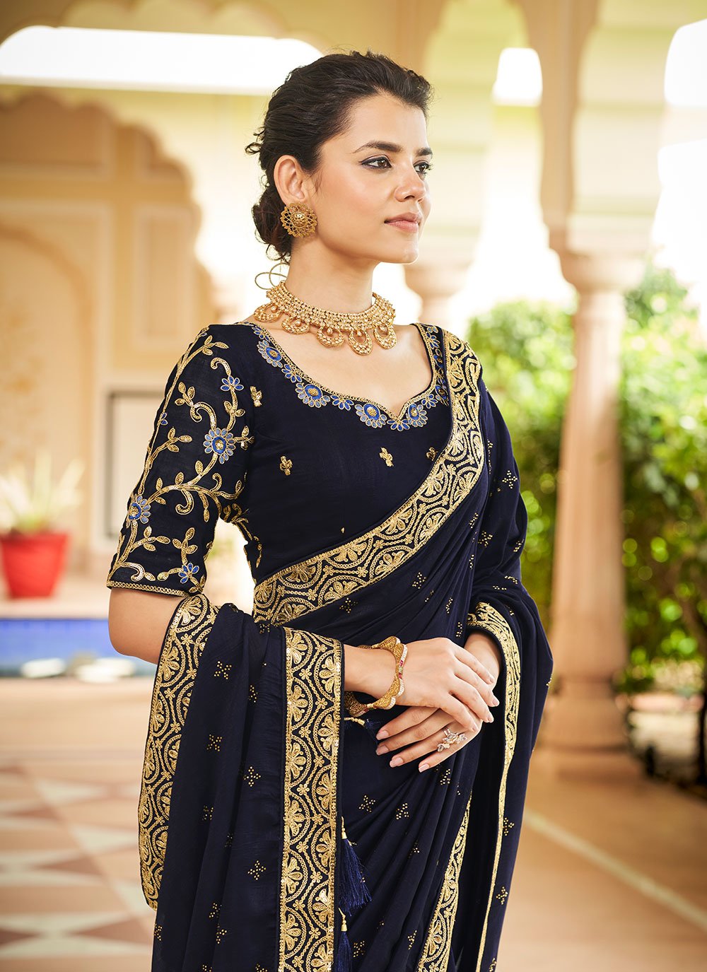 Classic Vichitra Silk Blue Dori Work Saree