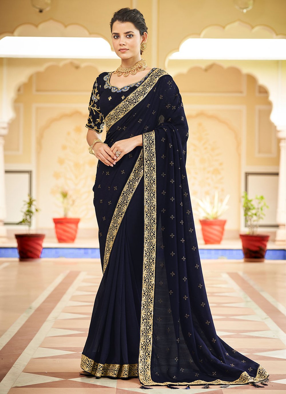 Classic Vichitra Silk Blue Dori Work Saree