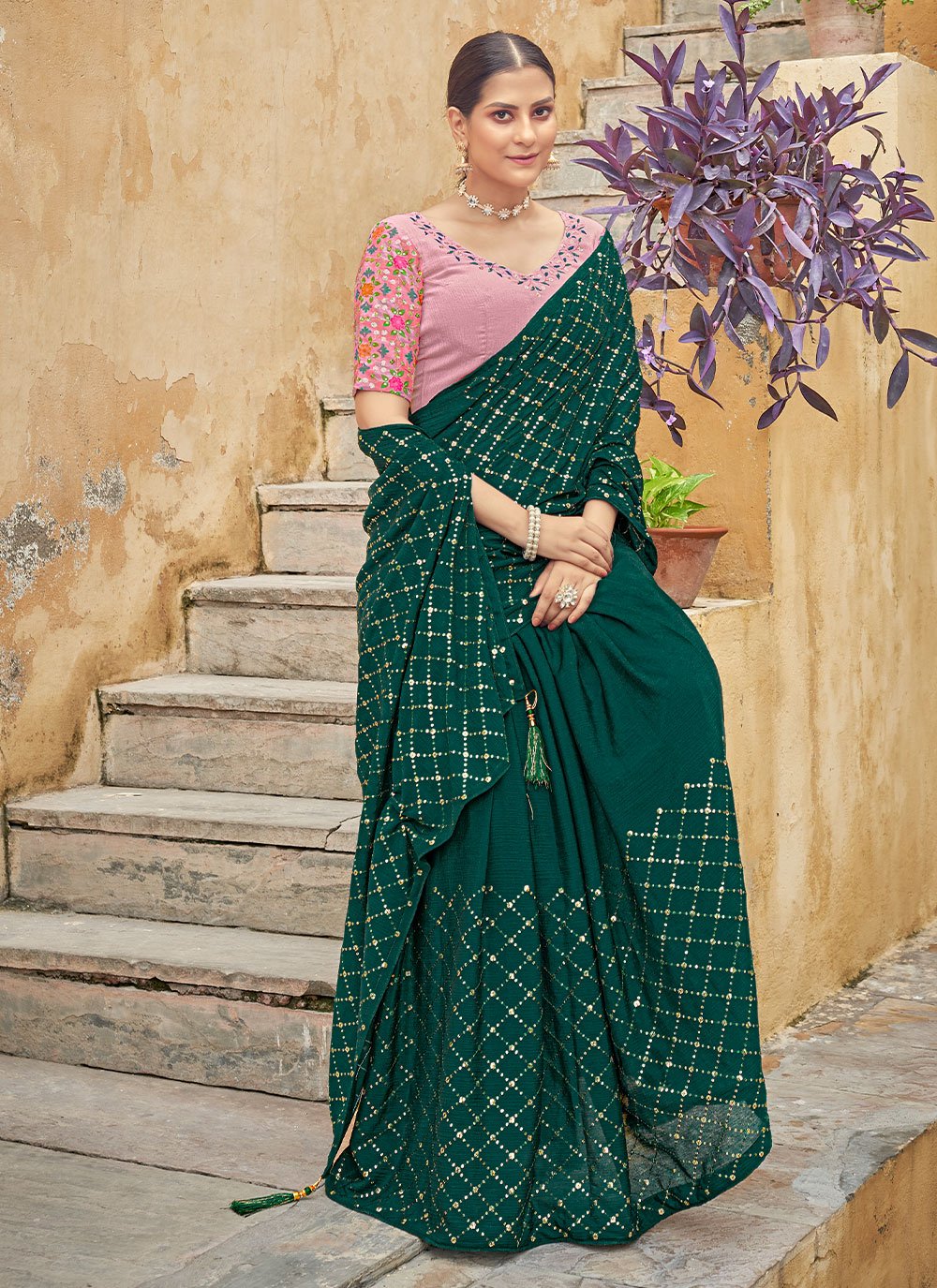 Classic Chinon Green Sequins Saree