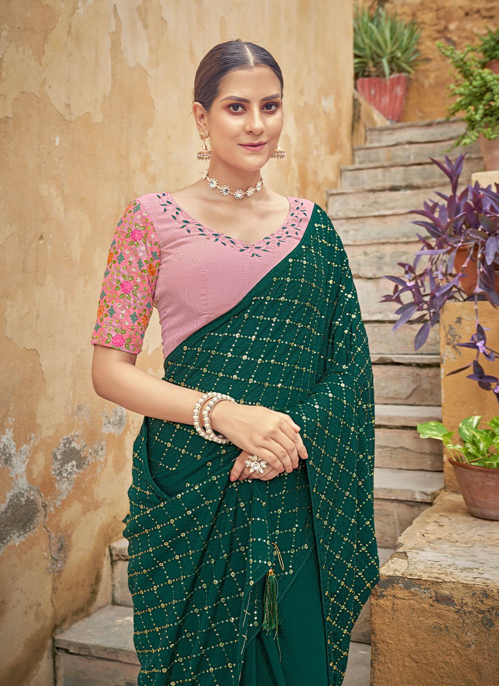 Classic Chinon Green Sequins Saree