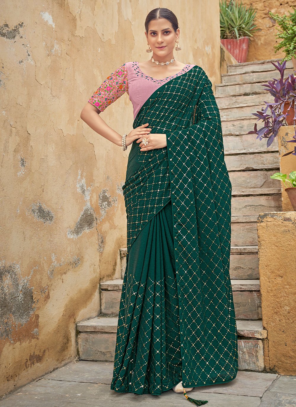 Classic Chinon Green Sequins Saree