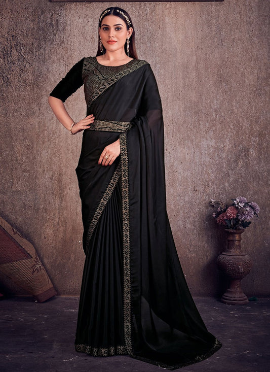 Classic Georgette Satin Black Lace Saree