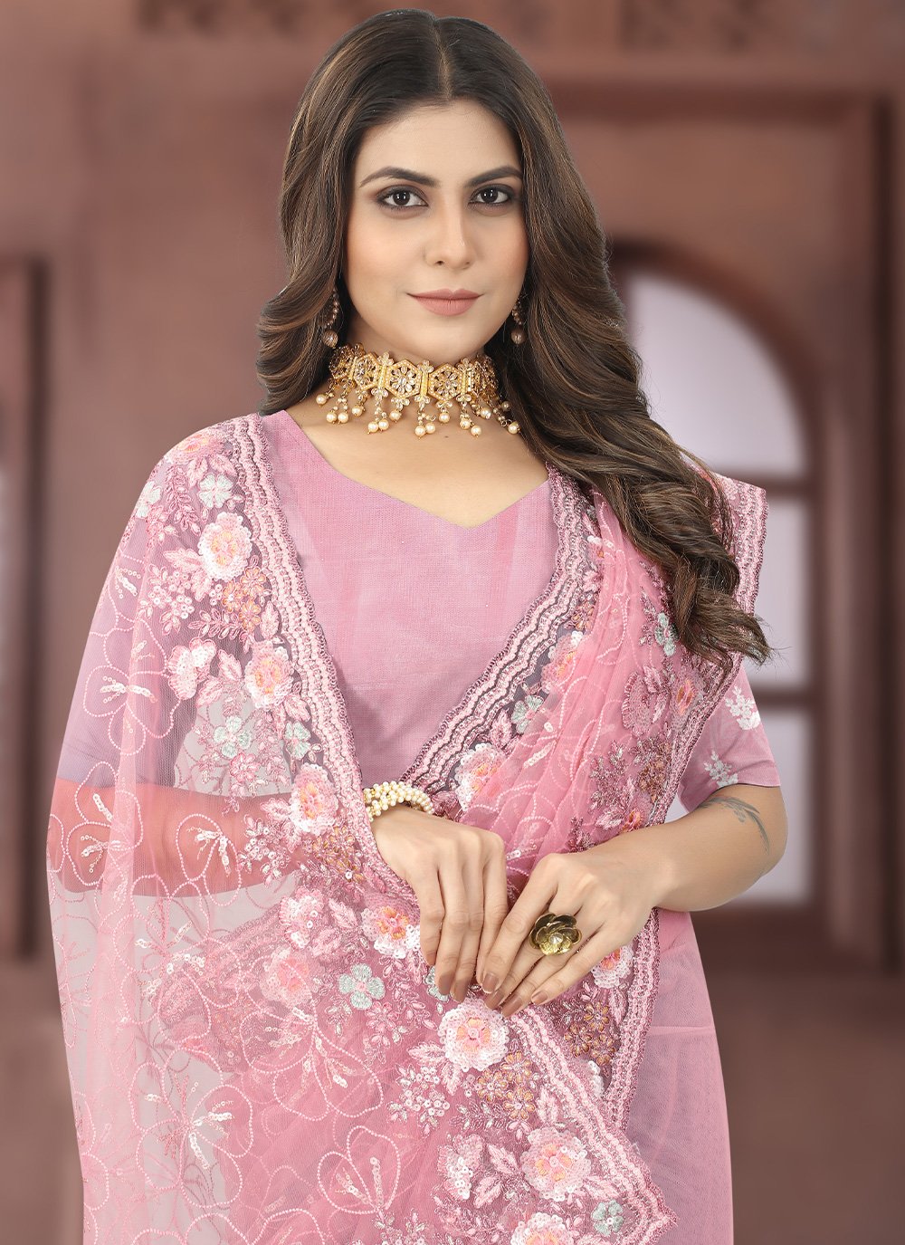 Classic Net Pink Embroidered Saree