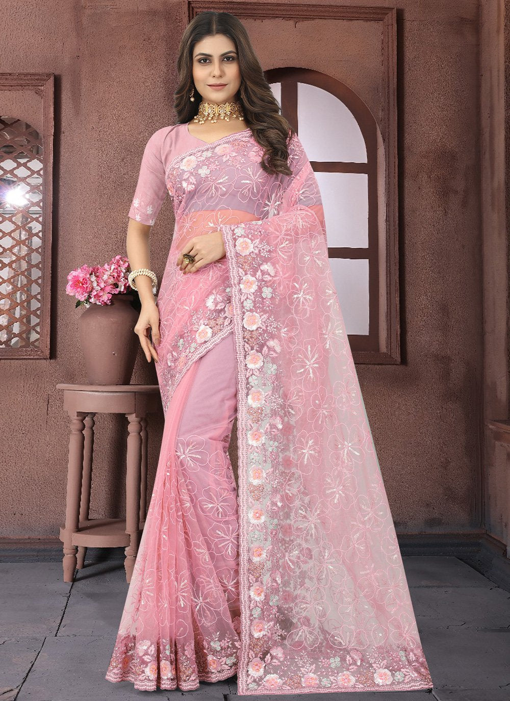 Classic Net Pink Embroidered Saree