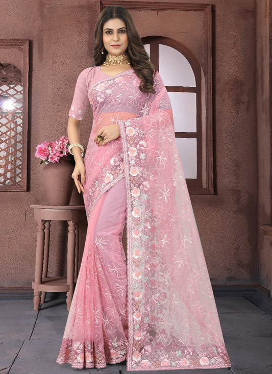 Classic Net Pink Embroidered Saree